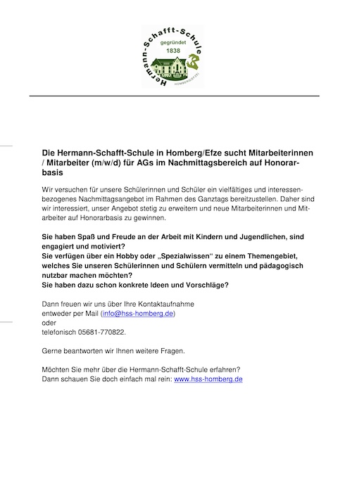 Die Hermann-Schafft-Schule in Homberg (Efze) sucht Mitarbeiterinnen/ Mitarbeiter (m/w/d) für AGs im Nachmittagsbereich auf Honorarbasis (PDF)