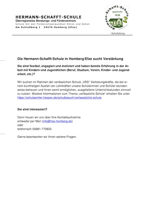 Die Hermann-Schafft-Schule in Homberg (Efze) sucht Verstärkung (PDF)